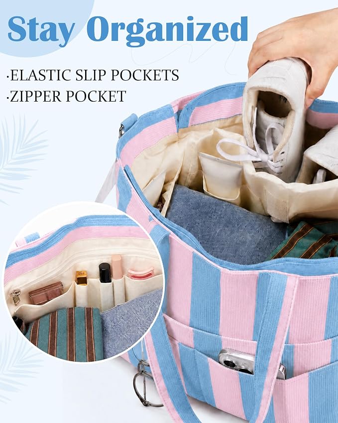 Kacctyen Striped Beach Tote Bag for Women Large Beach Foldable Tote Bag with Zipper Pockets for Travel Pool - Image 6