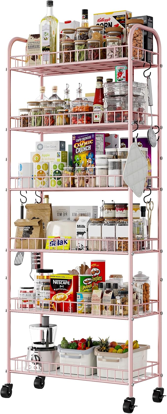6 Tier Slim Rolling Storage Cart with Wheels, Metal Mobile Shelving Unit Organizer Utility Cart for Office Bathroom Kitchen Laundry Room Narrow Places (Pink 10 Inches) by Qiaoxuan