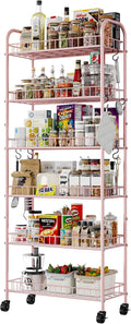 6 Tier Slim Rolling Storage Cart with Wheels, Metal Mobile Shelving Unit Organizer Utility Cart for Office Bathroom Kitchen Laundry Room Narrow Places (Pink 10 Inches) by Qiaoxuan