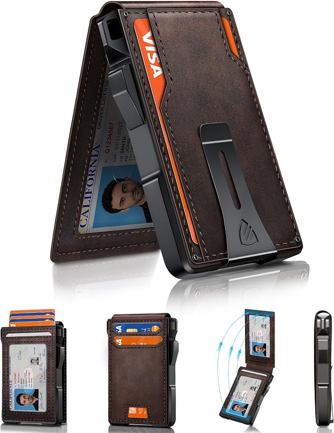 RUNBOX Wallet for Men, Mens Minimalist Wallet Holds 14 Cards, Compact Pop Up Wallet with Dual ID Windows & Money Clip, RFID Blocking Flip Up Card Holder, Metal Aluminum Credit Card Case Bifold Wallet by RUNBOX