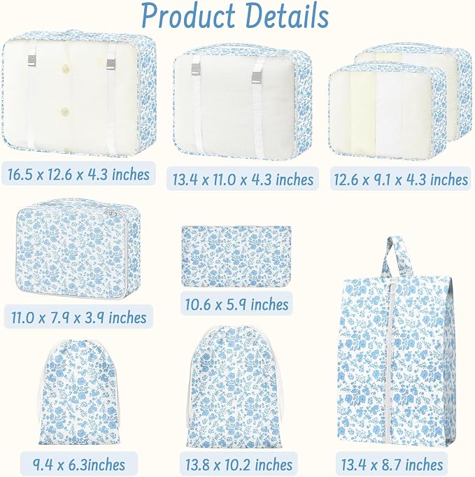 9 Set Packing Cubes for Travel Essentials - Lightweight Carry-On Luggage Organizer Bags with Shoe, Clothes & Laundry Bags for Airplane, Family & Business Travel, Blue flowers - Image 2