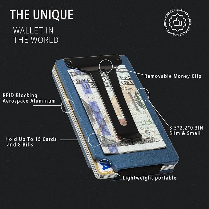 Minimalist Wallet for Men, Slim Metal RFID Blocking Wallet Credit Card Holder Money Clip & Cash Strap, Scratch-Resistant Holds 15 Cards,Ideal Gift for Men | Matt Blue - Image 3