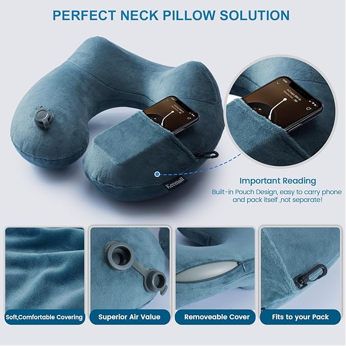Keemall Inflatable Travel Neck Pillow for Airplane & Long Flights, 2 Pack | Upgraded Support Inflatable Neck Cushion, Ergonomic Design, Washable Cover for Sleeping & Traveling, Long Flights - Image 5
