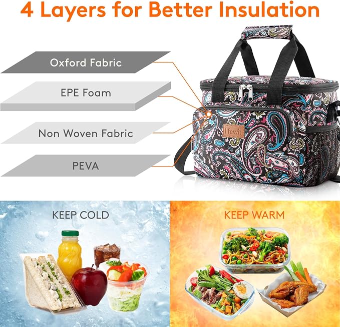 Lifewit Medium Lunch Bag, Insulated Lunch Box, Soft Cooler Cooling Tote for Adult Men Women, Paisley 12-Can (9L) - Image 2