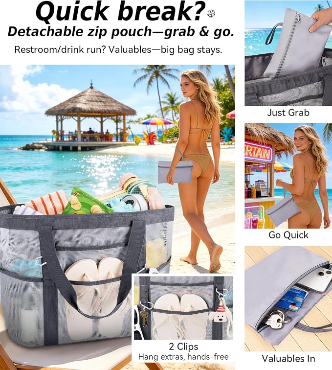 Chic Cruise Essentials Beach Bag for Women, Large Zip Top Tote, 11 Pockets | 40L+ Spacious;Mesh × Canvas;Zipper Pouch;Secure Zip-Top;Sand-Resistant Base - Image 5