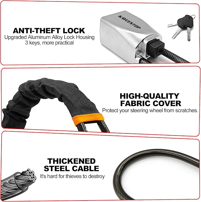 KAYCENTOP Car Steering Wheel Lock, Seat Belt Lock, Car Locks Anti-Theft Device with Aluminum Alloy Lock Housing, Max 17 Inch Length, High Visibility and Light-Weight, Universal Fit, 3Keys(Black) - Image 3
