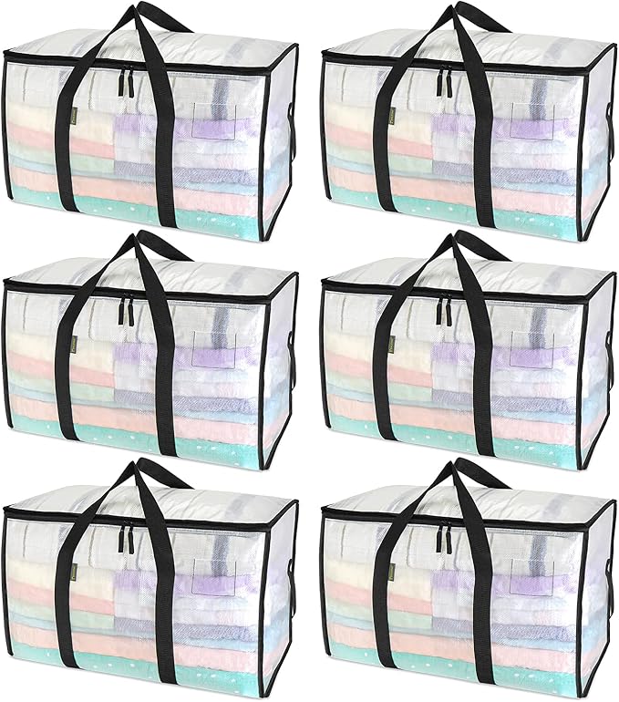 BALEINE 6-Pack Oversized Moving Bags with Reinforced Handles, Heavy-Duty Storage Tote for Clothes, Moving Supplies (Clear, 6-Pack) by BALEINE