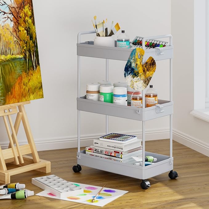 Ronlap 3 Tier Slim Rolling Storage Cart with Wheels Utility Organizer, Grey | For bathroom, laundry, kitchen, bedside & dorm. Fits art, craft, snack, makeup, nail, diaper & postpartum baby supplies - Image 6