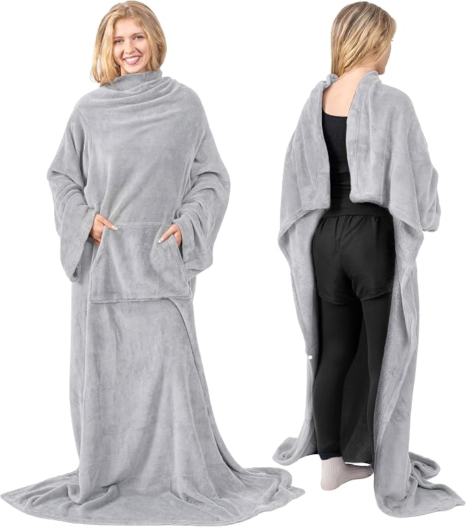PAVILIA Blanket with Sleeves for Adult Women Men, Soft Warm Wearable Blanket Fleece Wrap Throw, Robe Blanket Gift - Image 3