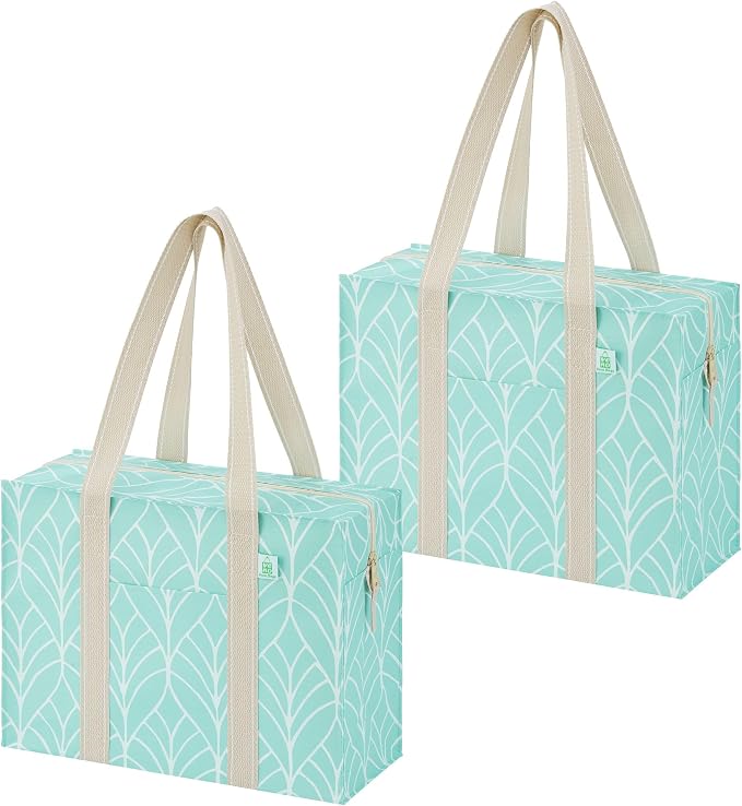 VENO 2 Pack Utility Tote Reusable Grocery Bags with Zipper & Hard Bottom | Heavy Duty Foldable Water-Resistant Shopping Bags for Summer Beach, Pool, Picnic & Travel Carry-on (Evergreen, 2 Pack) by Veno