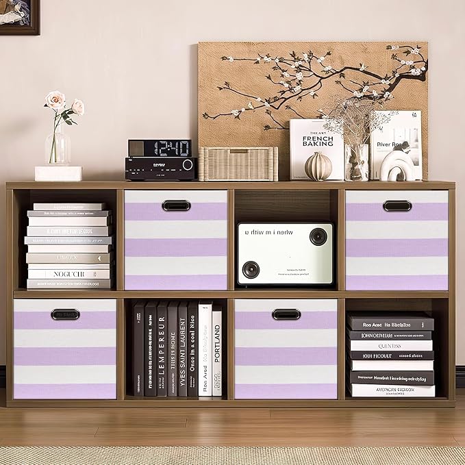 Posprica Storage Bins Storage Cubes,13×13 Collapsible Storage Boxes Containers Organizer Baskets for Nursery,Office,Closet,Shelf - 4pcs,Purple-white Striped - Image 6