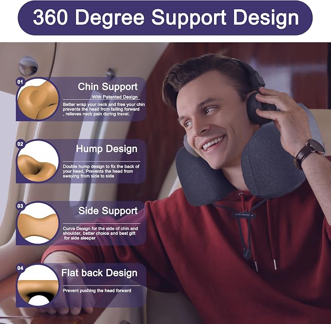 napfun Neck Pillow for Travel, Memory Foam Airplane Pillow, Full Black | 360° Neck Support, Upgraded 100% Memory Foam for Airplane, Car, Train, Bus, Office Sleep, Travel Essentials for Long Flights - Image 3