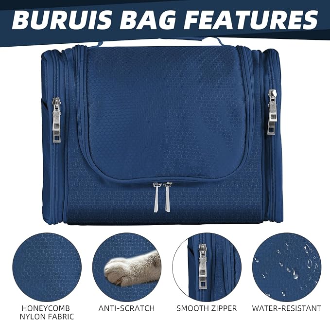 Buruis Hanging Toiletry Bag, Travel Toiletry Bag for Women and Men, Blue | Honeycomb Nylon Design, Large Capacity, Dual Zippers, Sturdy Hanging Hook, Full-Size Toiletry Storage, Cosmetic Essentials - Image 5