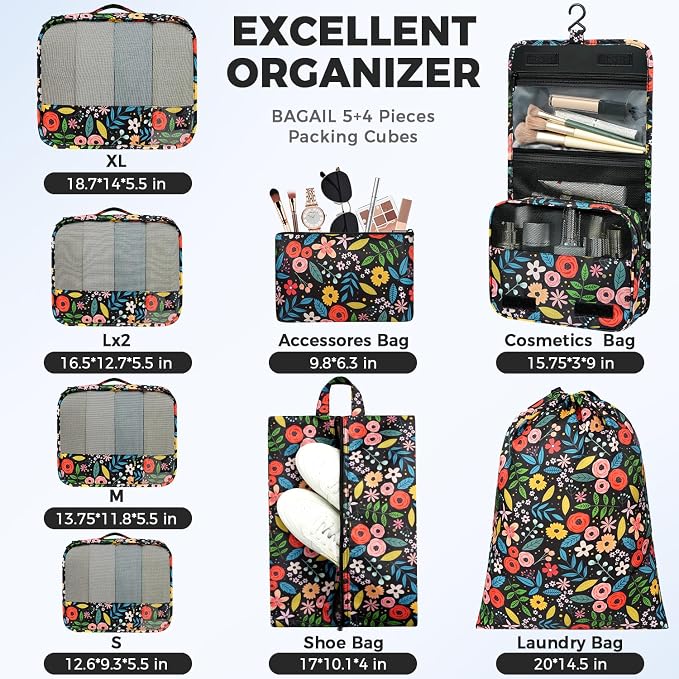BAGAIL 9 Set Packing Cubes with Packing List Luggage Packing Organizers for Travel Accessories (Black floral) - Image 5