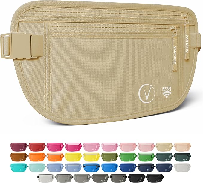 Vantamo Money Belt with RFID For Men & Women, Hidden Passport Holder for Travel, 2 Compartment Travel Fanny Pack for Women Anti Theft by Vantamo