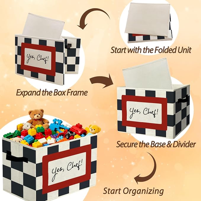Cooking Playroom Chef Slogan Storage Bins Box with Handles Organizer Basket | pretend kitchen foldable basket for organizing, buffalo checkered collapsible toys clothes for nursery bedroom, 10x14 in - Image 6