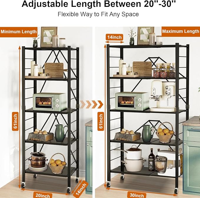 Himix 5-Tier Foldable Expandable Storage Shelves Wheels Kitchen 2-in-1 Rack | Folding shelving units, Metal collapsible organization, Changeable into 2 shelf units, Adjustable, Garage, Holds 2400 Ibs - Image 2