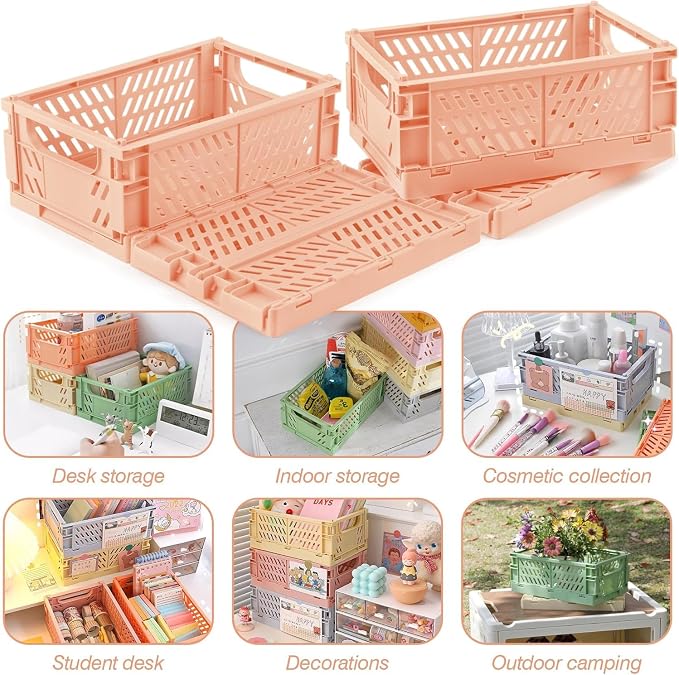 4 Pcs Collapsible Storage Crates, 10x5.9x4 inches Space-Saving Folding Containers, Stackable Plastic Boxes for Home Kitchen Office Bedroom Bathroom, Light Orange - Image 6