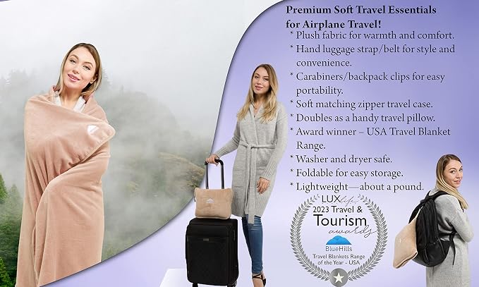 BlueHills Travel Blanket Pillows for Two Airplane Traveling Essentials Flight Throws in Bag case with Backpack Clip Compact Large Plane Accessories – Beige and Grayish Blue - Image 2