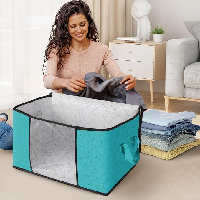 4 Pack Storage Bags for Clothes Blanket Storage Bins with Lids | Foldable Closet Organizers with Zippers,Window and Handles,Fabric Storage Bins for Sweater,Comforter,Bedding,Dorm essentials - Image 3