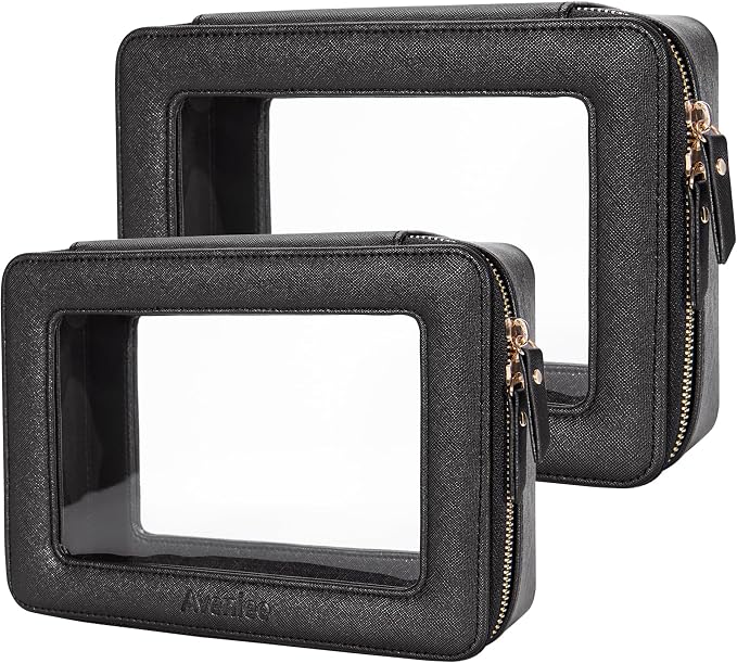 Aveniee Clear Makeup Bag Set,Portable Travel Toiletry Bag Cosmetic Case for Women,Vegan Leather Make Up Pouch Organizer Car Bag for Essentials 2pcs,Middle & Large,Black by Aveniee