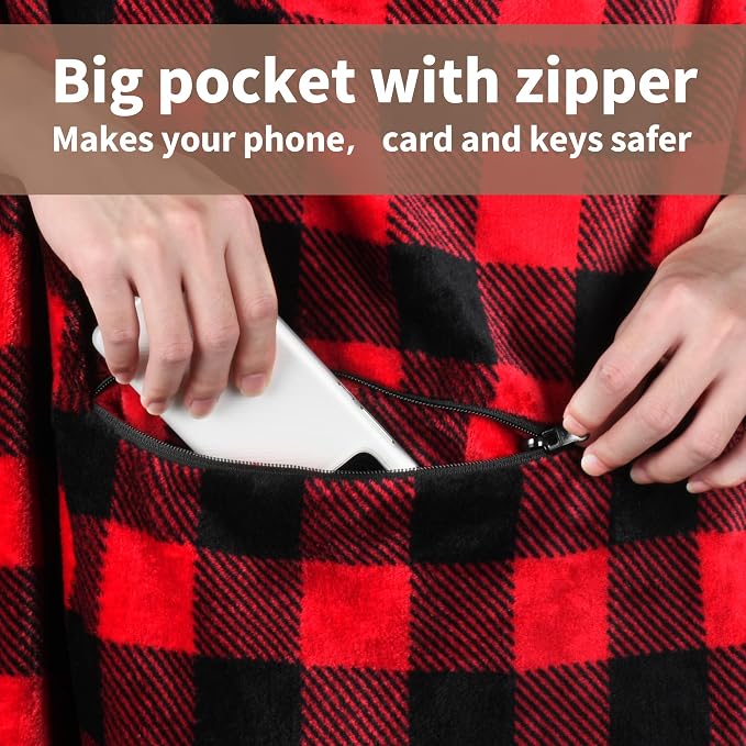 Tirrinia Travel Portable Blanket with Feet Pocket Airplane Office Poncho 4 in 1 Zippered Front Pocket Premium Cozy Fleece Blankets with Built-in Bag - Image 3