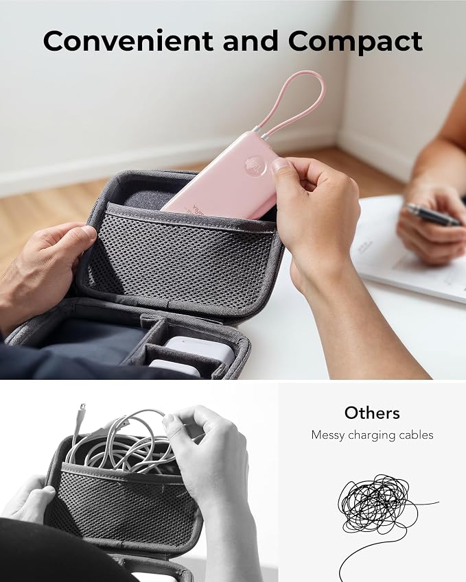 VIYISI 0.58” Slim Portable Charger Small 10000mAh with Built-in USB C Cable | PD 20W Compact Power Bank Fast Charging Battery Pack Cute Travel Essential for iPhone 17 16 15 Samsung S25 A16 Android-Pink - Image 5