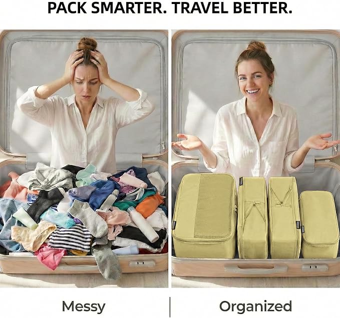 4 Piece Compression Packing Cubes for 3–7 Day Travel, Space Saving Travel Organizers with Breathable Mesh, Double-Zipper Packing Cubes for Carry-On & Suitcases (Yellow) - Image 4