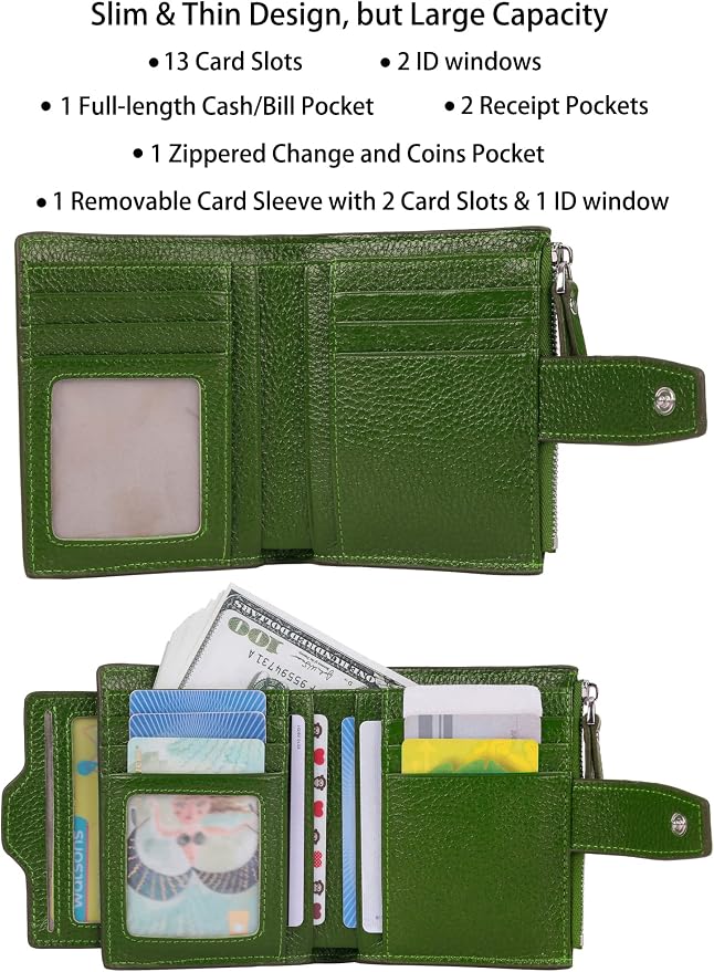 Women's RFID Blocking Leather Small Compact Bi-fold Zipper Pocket Wallet Card Case Purse with id Window - Image 2