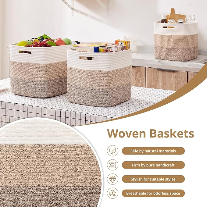 OIAHOMY 13 Inch Cube Storage Bins, 3-Pack Cotton Rope Woven Baskets for Organizing, Insert Storage Baskets for Shelves, Baby Nursery, Closet Organizer, 13 * 13 * 12.6IN, Gradient Brown - Image 5