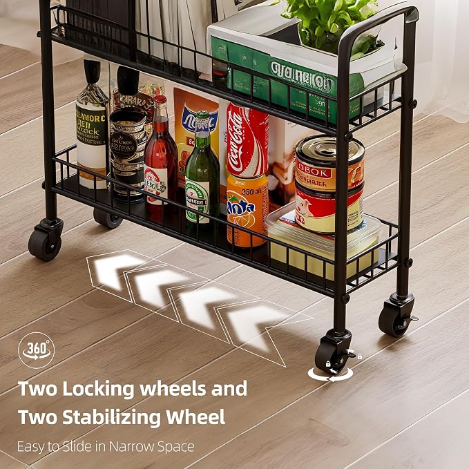 6-Tier Slim Storage Cart, Rolling Kitchen Cart with Wheels | Narrow Metal Shelf Organizer with Hooks for Kitchen, Bathroom, Living Room, Laundry, Small Spaces, Black, 6 in - Image 4