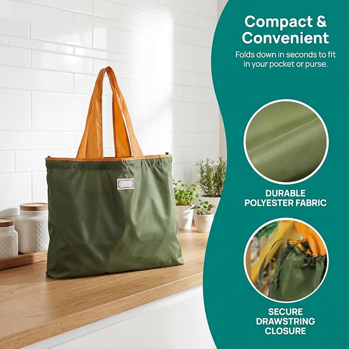 Covzoe 4 Pack Reusable Shopping Bags with Handles | Foldable Grocery Bags Fits in Pocket, Large Washable Tote Bag Beach Bag for Kitchen Travel Shopping, Drawstring Closure - Image 5