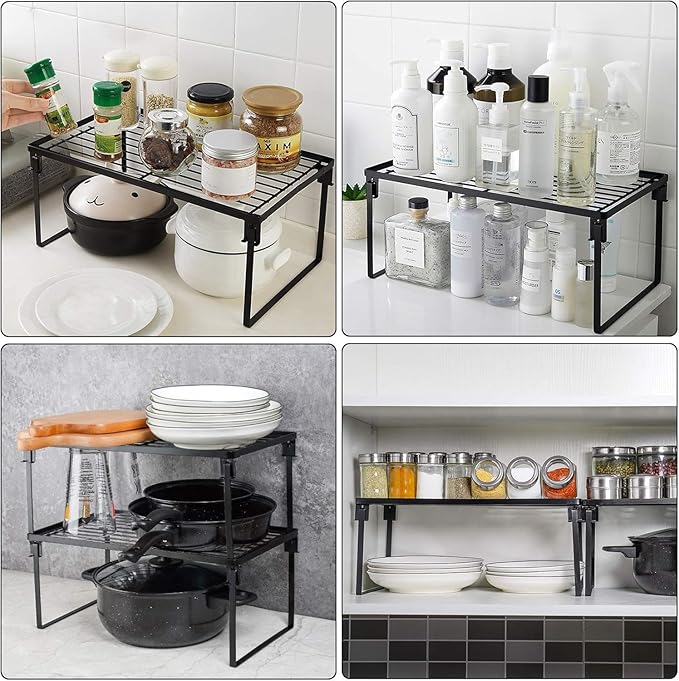 Tomorotec 2-Pack Stackable Kitchen Storage Shelf Rack Metal Cabinet Shelves | Metal Cabinet Organizer Shelf for Spices, Pantry, Cupboard Countertop, with Removable Support Legs for Easy Storage (Black) - Image 2