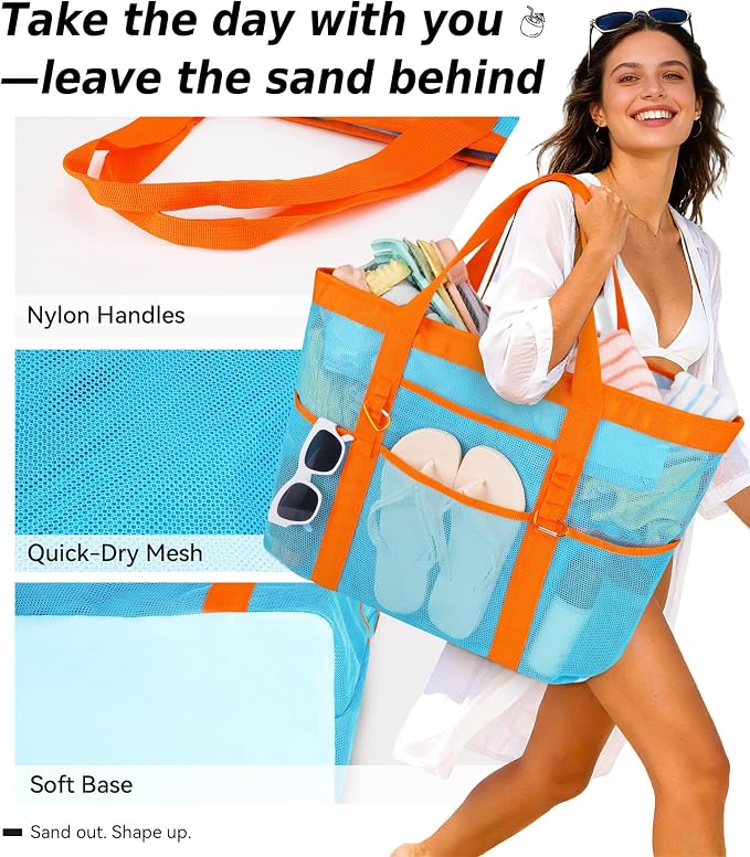 Chic Cruise Essentials Beach Bag for Women, Large Zip Top Tote, 11 Pockets | 40L+ Spacious;Mesh × Canvas;Zipper Pouch;Secure Zip-Top;Sand-Resistant Base - Image 6