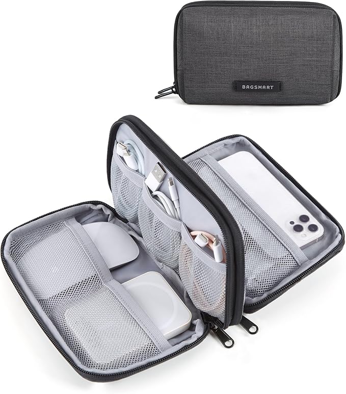 BAGSMART Electronics Travel Organizer for Cords, Zipper Pouch, Black | Travel Essentials, Tech Organizer Pouch, Cord organizer bag for Cables, Compact Travel Accessories by BAGSMART