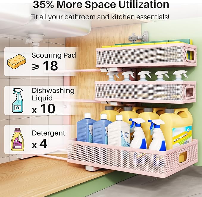 Kitstorack Under Sink Organizer, 2-Pack 3-Tier Height Adjustable Thickened Metal Pull out Cabinet Organizer Shelf, Slide out Storage Drawer Rack for Bathroom Kitchen Pantry Home Organization, Pink - Image 4