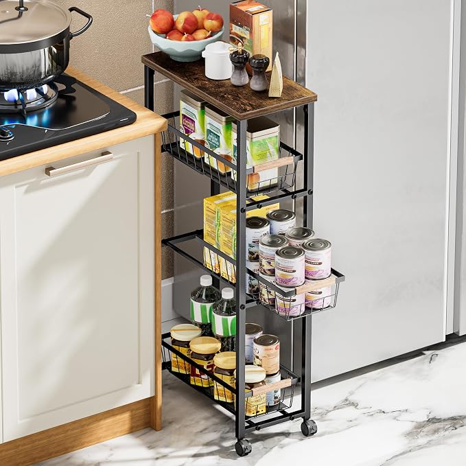 Narrow Rolling Cart with Wheels, 4-Tier Slim Metal Storage Cart with Pull-Out Baskets, 7.87 Inch Width Small Laundry Room Organizer Cart, Space-Saving for Kitchen, Bathroom by Brippo