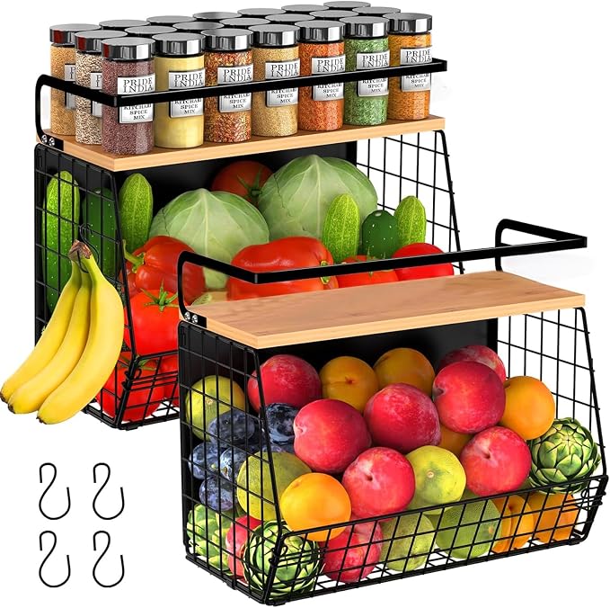 2 Pack Magnetic Spice Storage Rack Organizer for Refrigerator, Magnetic Shelf for Fridge with Wood Lid, Organizer for Kitchen & Laundry, Potato and Onion Storage Bins, Large Container, Strong Magnets by UVIAHOMIHOMEORGANIZER