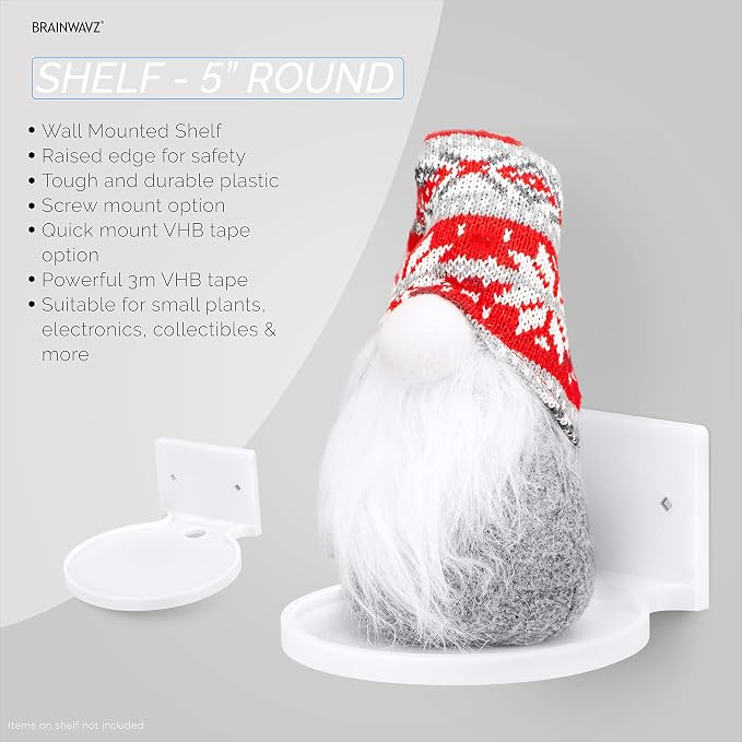 BRAINWAVZ 5” Round Floating Shelf Mount for Security Cameras Baby Monitors Speakers Plants Toys & More Universal Holder Stick-On Or Screw Mount, Easy to Install (White) - Image 4