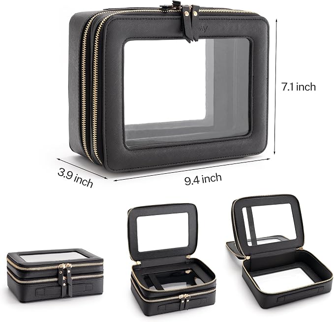 Aveniee XL Clear Makeup Organizer,Double Layer Travel Cosmetic Case with Brush Holder & Zippered Compartments,Big Toiletry Bag for Travel Accessories,2 Layers Large,Black - Image 2