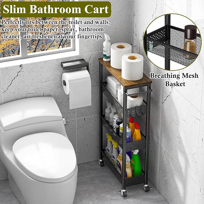 OKZEST 4-Tier Slim Rolling Storage Cart for Kitchen, Laundry Room, Bathroom | Upgraded metal hub casters, Narrow utility cart for small space/gaps, Premium wood top & metal mesh shelf, with handle & hook - Image 2
