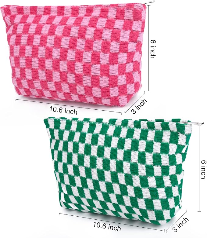 SOIDRAM 2 Pieces Makeup Bag Large Checkered Cosmetic Bag Capacity Canvas Travel Toiletry Bag Organizer Cute Makeup Brushes Aesthetic Accessories Storage Bag for Women, Checkered L Green Rose red - Image 3