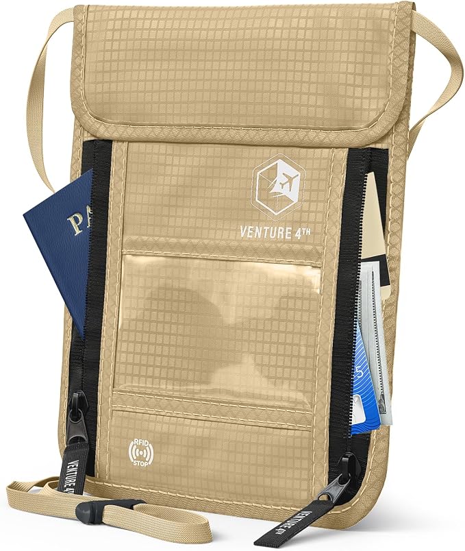 VENTURE 4TH Travel Neck Wallet, RFID Blocking Passport Holder - Beige by VENTURE4TH