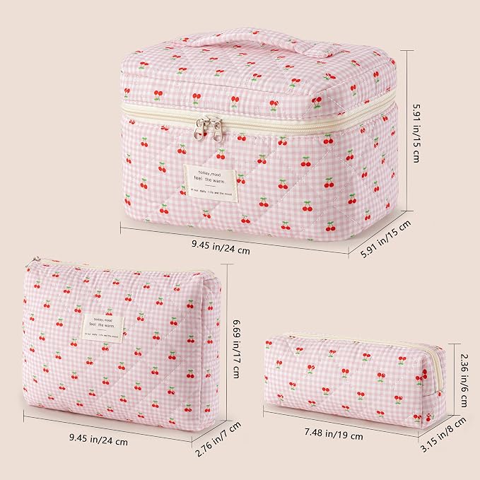 HBselect Quilted Makeup Bag, 3Pcs Cotton Large Travel Makeup Bags Organizer | Cute Floral Make up Bag Cosmetic Bag Toiletry Bag for Women Girls, Makeup Pouch for Skincare, Brushes & Travel Essentials - Image 5