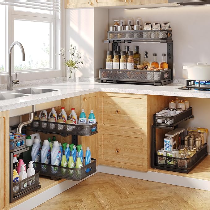 2 Pack 19.3IN-Depth Under Sink Organizer with Smooth Cylindrical Rail,2-Tier Pull Out Multi-Purpose Cabinet Storage for Bathroom&Kitchen,Height Adjustable,Rust-Resistant Coating-Black - Image 7
