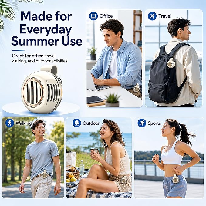 Portable Clip on Fan, Bladeless Waist Clip Fan with 5 Speeds, USB-C Rechargeable Mini Quiet Fan, LED Display, 1000mAh Battery, 82g Lightweight, Up to 6 Hours for Outdoor Office Travel Sports, Beige - Image 6