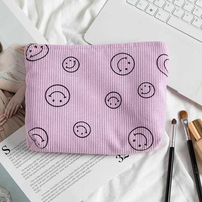 Cosmetic Bags for Women - Corduroy Cosmetic Bag Aesthetic Women Handbags Purses Smile Dots Makeup Organizer Storage Makeup Bag Girls Case Bags (Double Purple Green) - Image 7