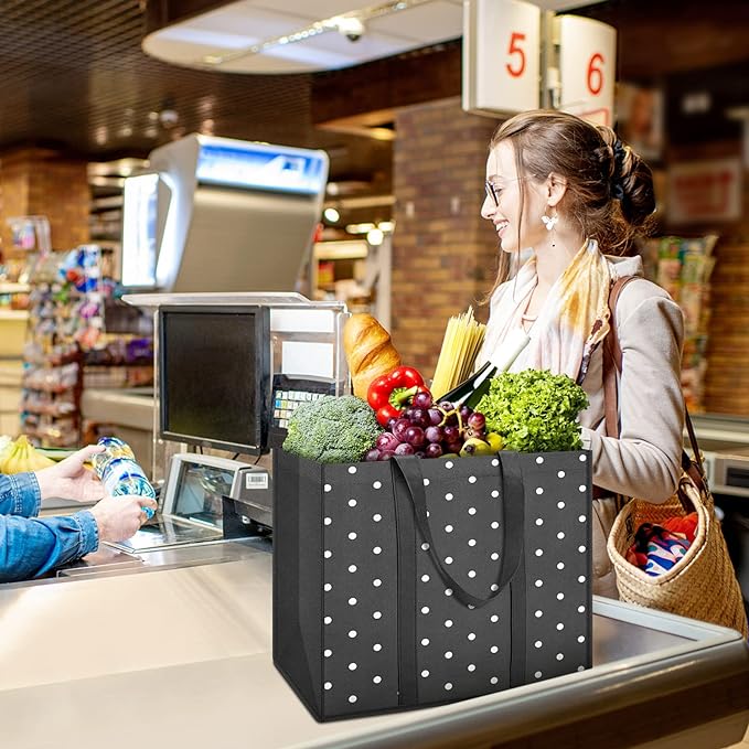 6 Pack Reusable Grocery Bags Waterproof Tote Bags for Shopping Groceries | 35L Large Capacity, Heavy-Duty, Waterproof, Lightweight, Foldable Tote with Sturdy Handles, Polka Dot Design - Image 2