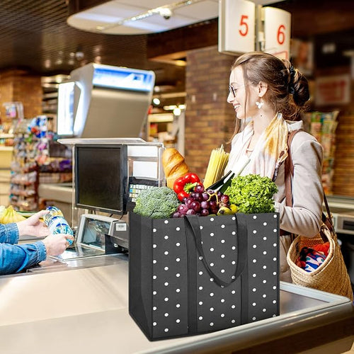 10 Pack Reusable Grocery Bags Waterproof Tote Bags for Shopping Groceries | 35L Large Capacity, Heavy-Duty, Waterproof, Lightweight, Foldable Tote with Sturdy Handles, Polka Dot Design - Image 2