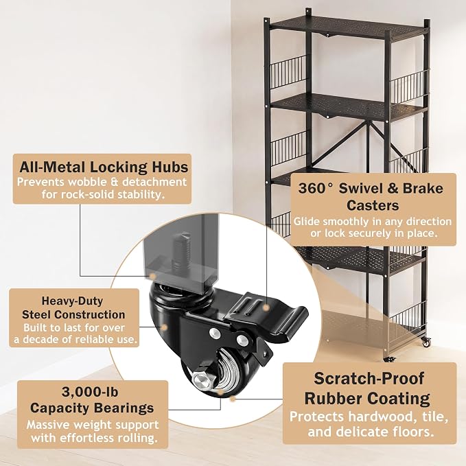 Heavy Duty Folding Shelves No Assembly, 5 Tier Metal Foldable Storage Shelves with Wheels, 220LBS Per Shelf Collapsible Rack for Garage Storage, Black - Image 5